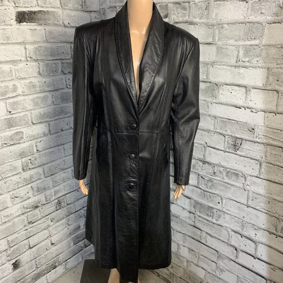 Vintage 90s Black Leather Trench Coat Retro Maxi Long Length Jacket Overcoat - Picture 5 of 16